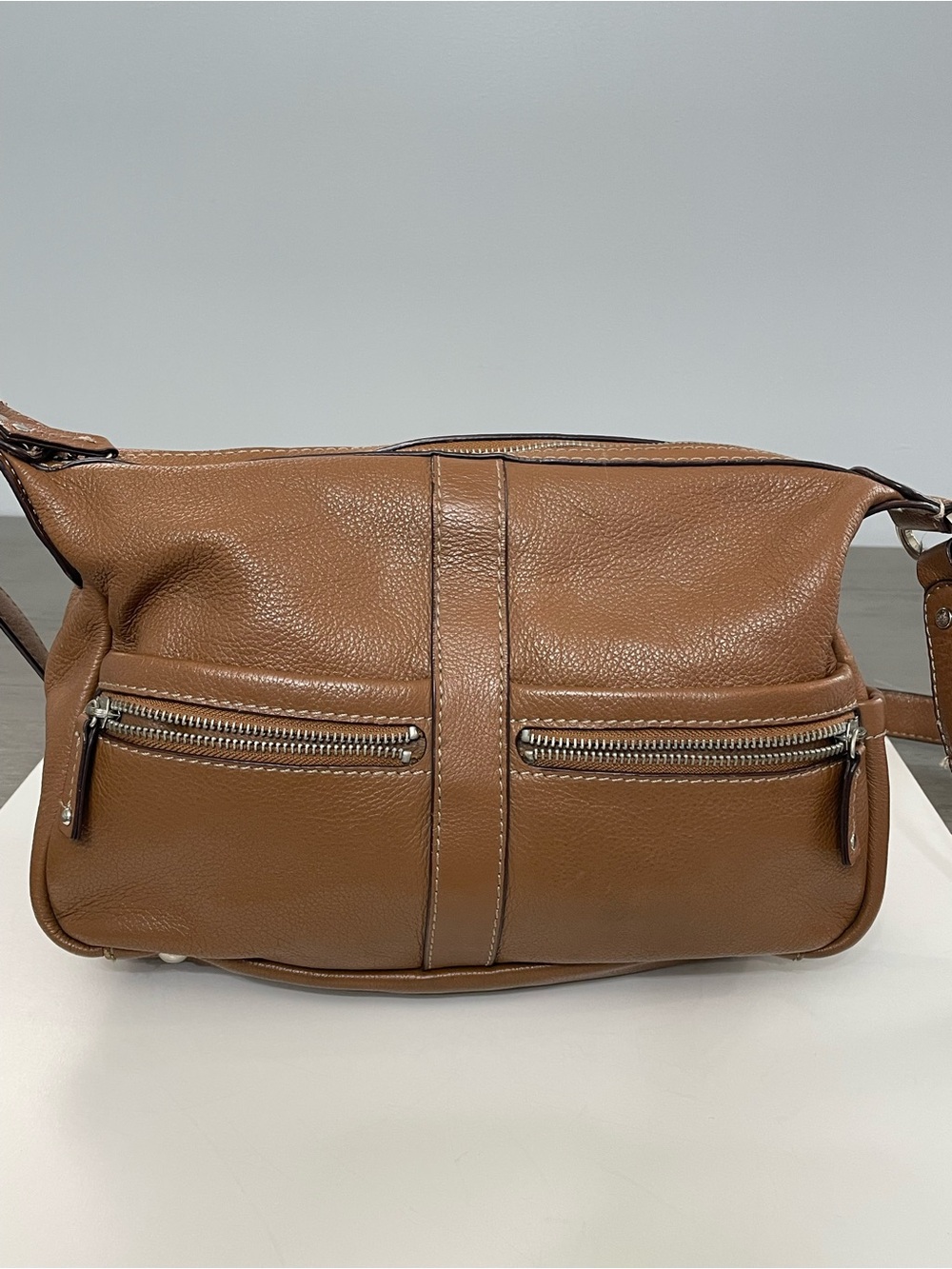 Tignanello Camel Leather Multi-Pocket Shoulder Crossbody Bag